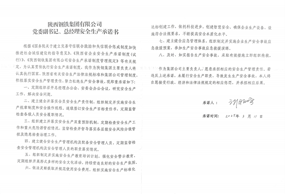 陜西鋼鐵集團有限公司黨委副書記、總經理安全生產承諾書